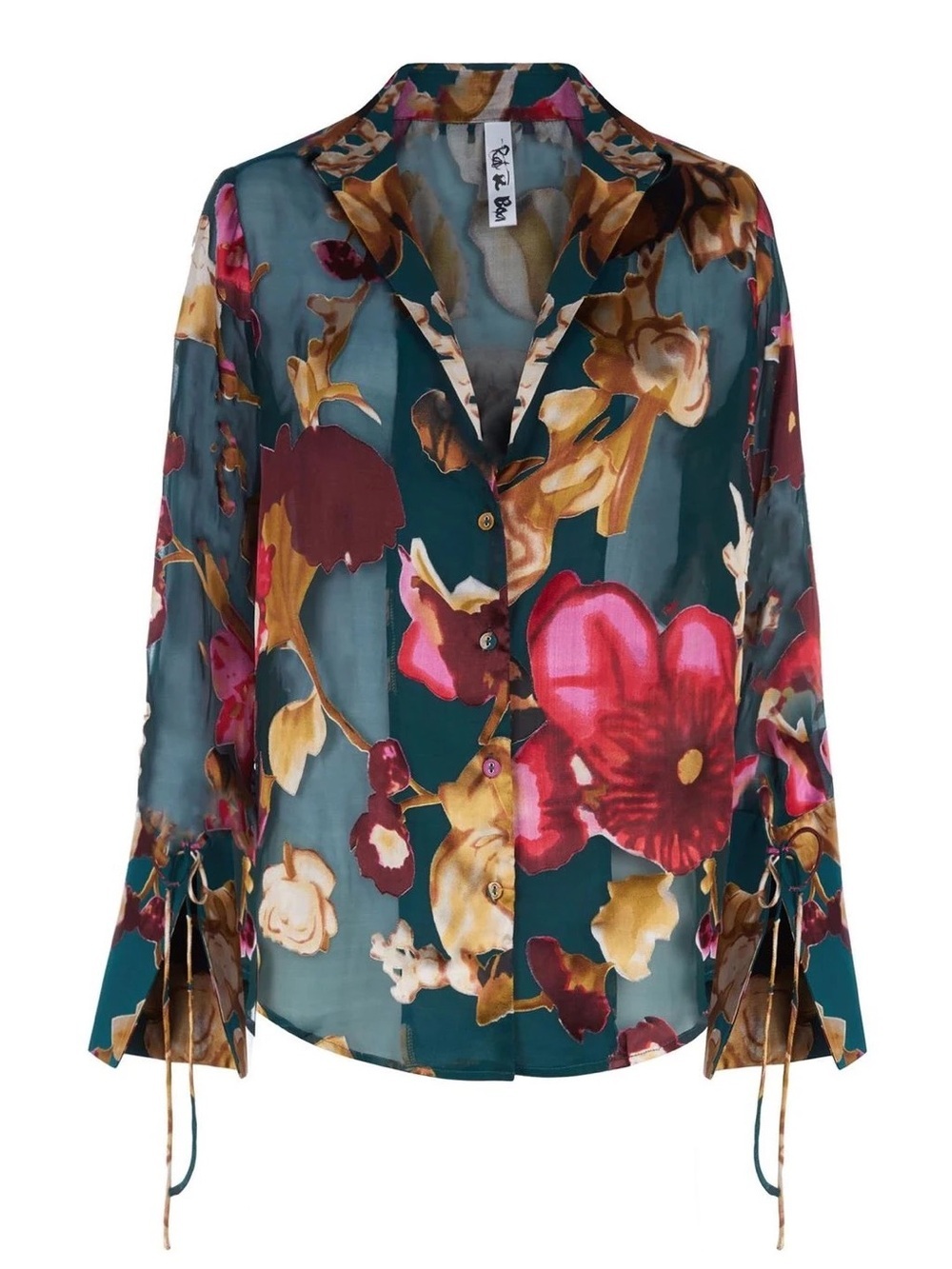 Rat & Boa Issey Top Shirt Blouse 100% Silk Green Medium Dress Floral Collared - Picture 2 of 9